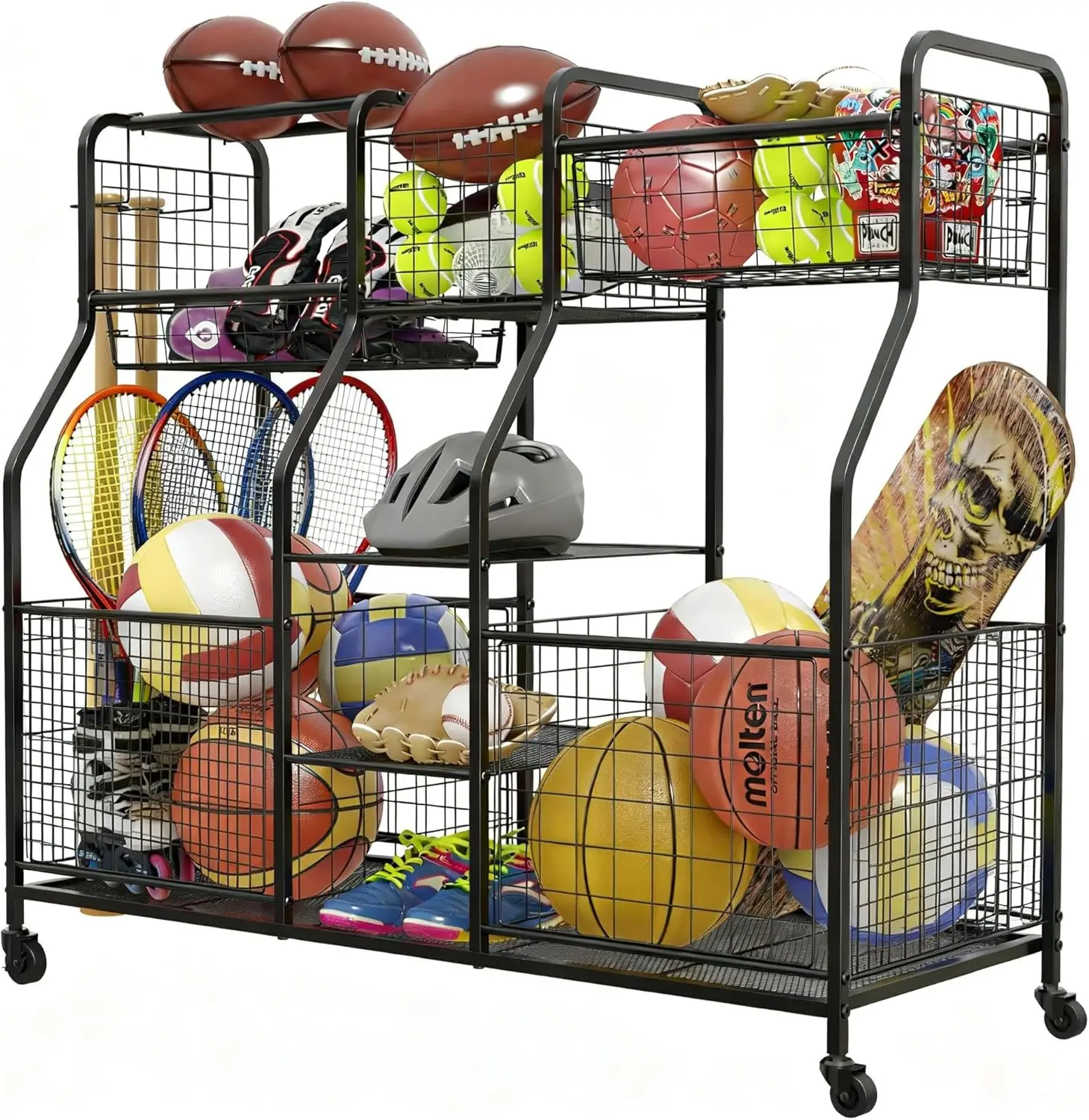 Sports Equipment Storage Rack - Garage Sports Equipment Organizer with Wheels